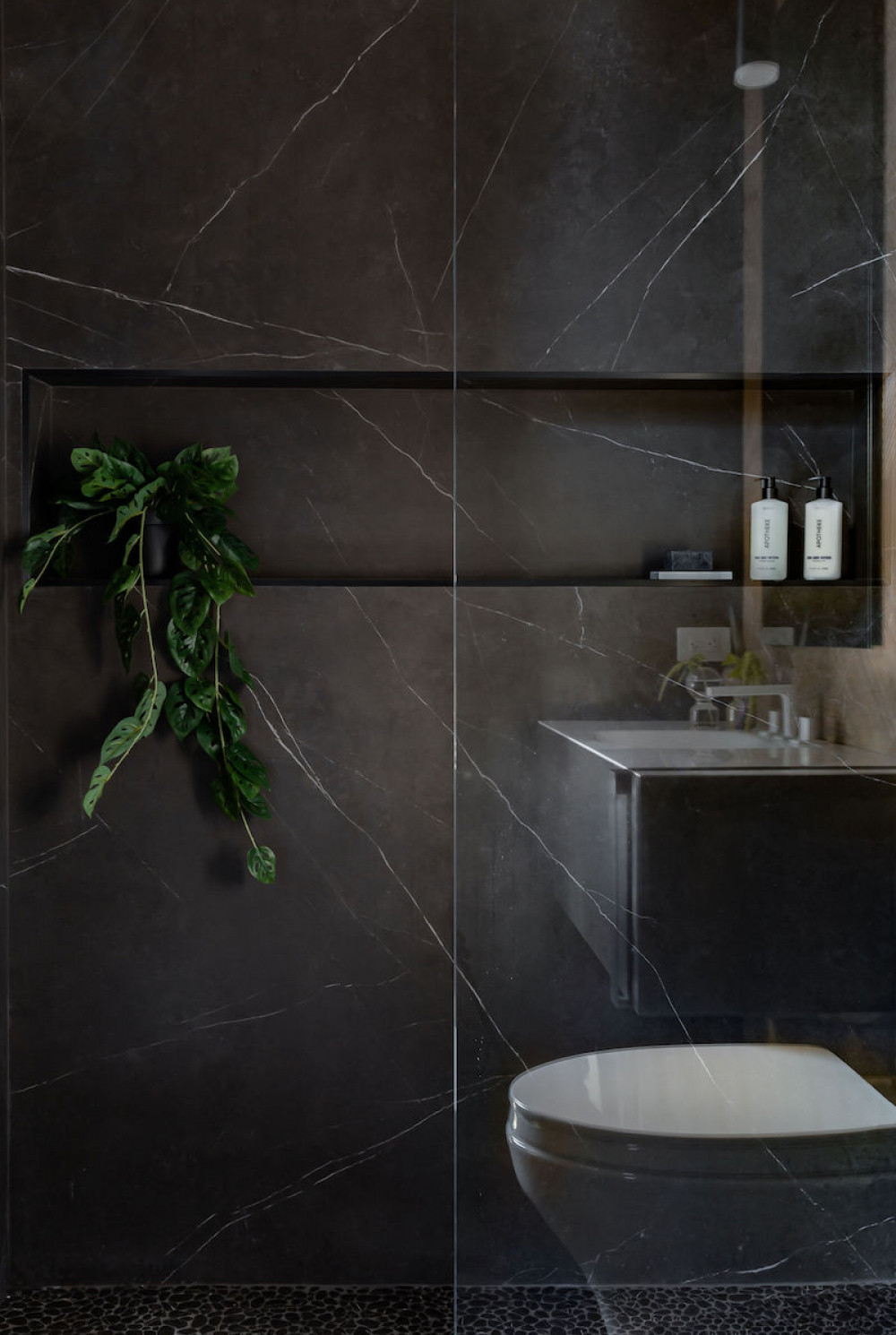 black-marble-shower-shelf-indoor-plant