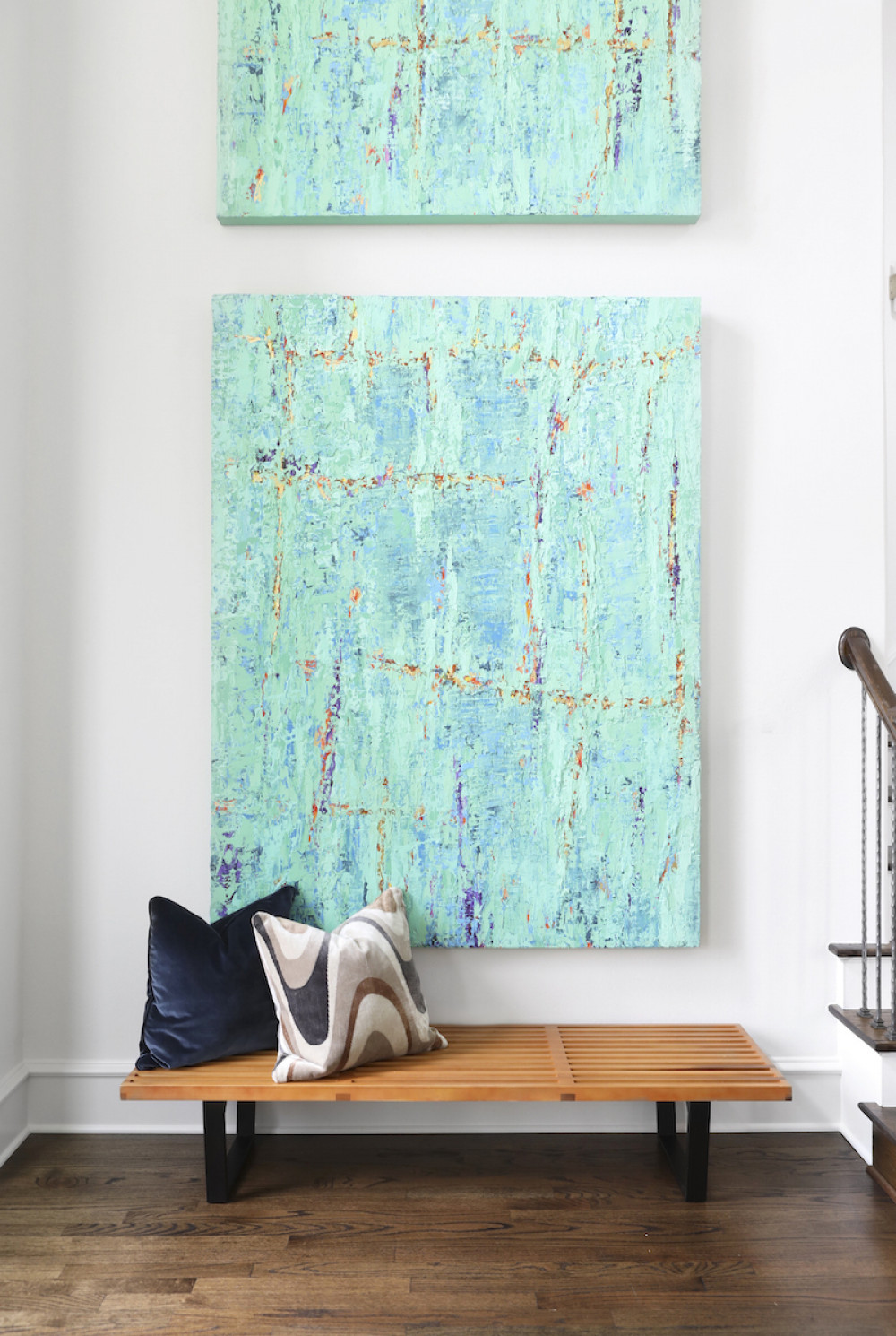 large-teal-hanging-wall-art-mural-wooden-bench